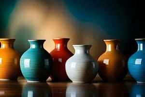 a row of colorful vases on a table. AI-Generated photo