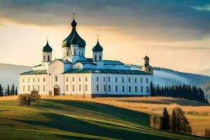 a church in the mountains with a green field. AI-Generated photo