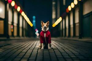 un perro en un rojo chaqueta sentado en el calle a noche. generado por ai foto