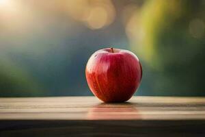 a red apple sits on top of a wooden table. AI-Generated photo