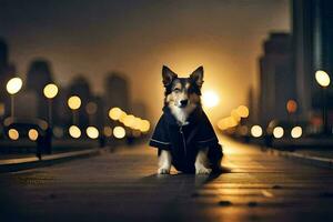 a dog in a coat sitting on a bridge at night. AI-Generated photo