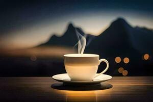 a cup of coffee on a table with mountains in the background. AI-Generated photo