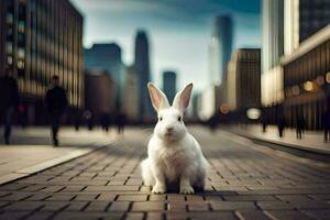 un blanco Conejo sentado en el suelo en frente de un ciudad. generado por ai foto