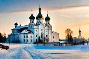 a church in the snow with two domes. AI-Generated photo