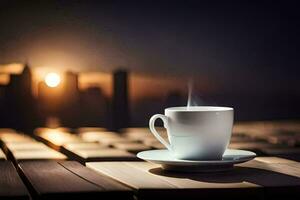 a cup of coffee on a wooden table in front of a cityscape. AI-Generated photo