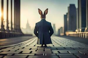 a rabbit in a suit stands on a street. AI-Generated photo