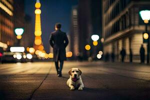 un hombre y su perro en el ciudad a noche. generado por ai foto