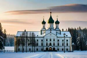 un Iglesia en el nieve con verde cúpulas generado por ai foto