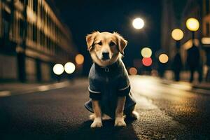 un perro en un chaqueta sentado en el calle a noche. generado por ai foto