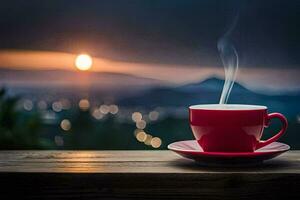 a red cup of coffee on a wooden table with a view of the city. AI-Generated photo