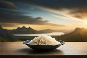 a bowl of rice on a table in front of a mountain. AI-Generated photo