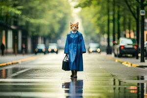 un zorro en un azul Saco caminando abajo un calle. generado por ai foto