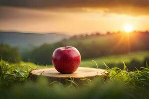 red apple on a stump in the field. AI-Generated photo