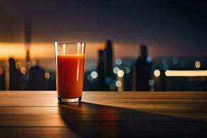 a glass of orange juice on a table in front of a city skyline. AI-Generated photo