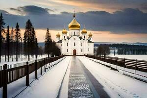 a white church with gold domes in the snow. AI-Generated photo