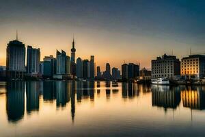 el ciudad horizonte es reflejado en el agua a puesta de sol. generado por ai foto