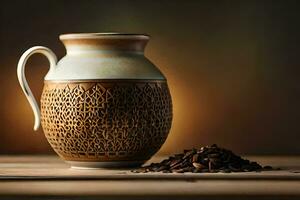 a brown jug with a pattern on it and coffee beans. AI-Generated photo