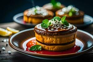 three cakes on a plate with mint leaves. AI-Generated photo