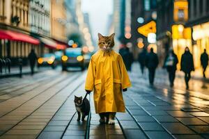 a cat in a raincoat walking with a dog. AI-Generated photo