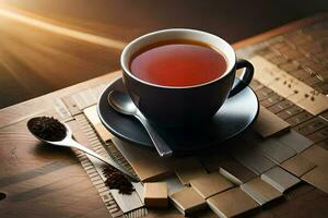 a cup of tea on a wooden table. AI-Generated photo