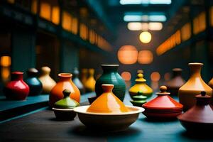 a row of colorful vases on a table. AI-Generated photo