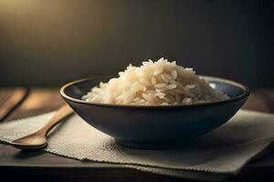 a bowl of rice on a wooden table. AI-Generated photo