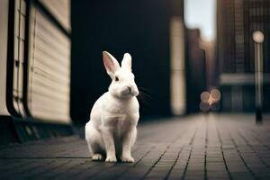 a white rabbit is sitting on the ground in an empty city. AI-Generated photo