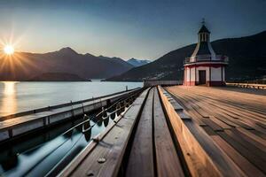 el Dom sube terminado un muelle en frente de montañas. generado por ai foto