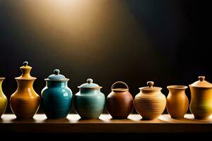 a row of colorful vases on a shelf. AI-Generated photo