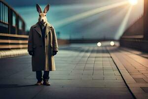 a rabbit wearing a coat and tie standing on a bridge. AI-Generated photo