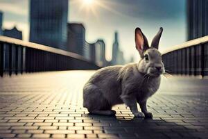 a rabbit is sitting on a bridge in front of a city. AI-Generated photo