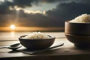 arroz en un cuenco y cuchara en un de madera mesa. generado por ai foto