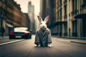 a rabbit wearing a suit and tie on the street. AI-Generated photo