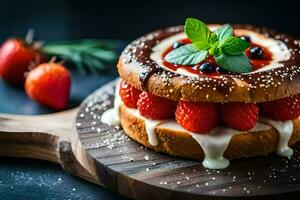 a cake with strawberries and cream on top. AI-Generated photo