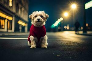 a dog wearing a red sweater sits on the street at night. AI-Generated photo