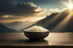 arroz en un cuenco en un mesa con montañas en el antecedentes. generado por ai foto