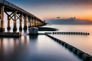 a long exposure photograph of a pier at sunset. AI-Generated photo