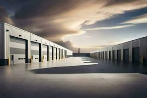 a large warehouse with a sky background. AI-Generated photo