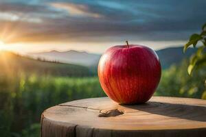 an apple sits on top of a stump in front of a sunset. AI-Generated photo