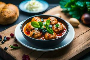 meatballs in a sauce with vegetables and bread on a wooden table. AI-Generated photo