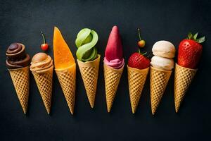 different ice cream flavors in cones on a black background. AI-Generated photo