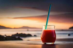 un vaso de jugo con un Paja en el playa. generado por ai foto