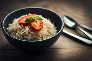 a bowl of rice with tomatoes and a fork. AI-Generated photo