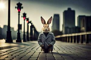 a rabbit in a suit sits on a brick walkway. AI-Generated photo