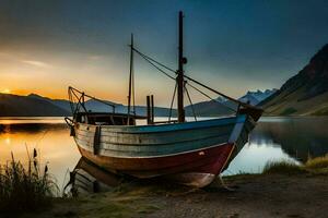 a boat sits on the shore at sunset. AI-Generated photo