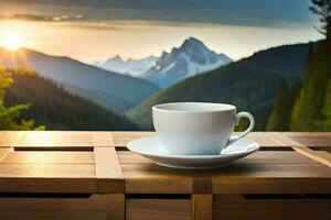 coffee cup on the table in the mountains. AI-Generated photo