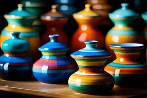 colorful vases are lined up on a table. AI-Generated photo