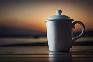 coffee mug, sunset, coffee, tea, tea pot, coffee pot, coffee, coffee. AI-Generated photo