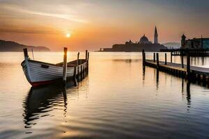 a boat sits on the water at sunset. AI-Generated photo