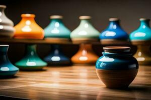 a row of colorful vases on a wooden table. AI-Generated photo